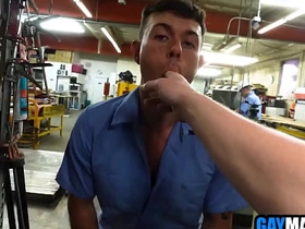 Horny guys 3some fucking in the workshop hot orgy gay porn