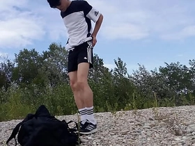 Cute twink Jon Arteen wears black Adidas outfit, shows his underwear, walks freeballing, jerking off throught his short shorts, cumming outdoor chinese gay porn boyfriendtv